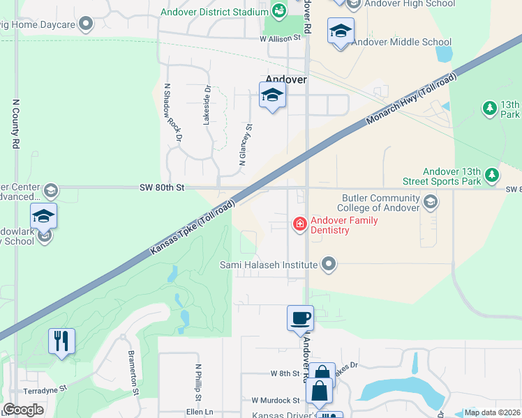map of restaurants, bars, coffee shops, grocery stores, and more near 401 Turnpike Road in Andover