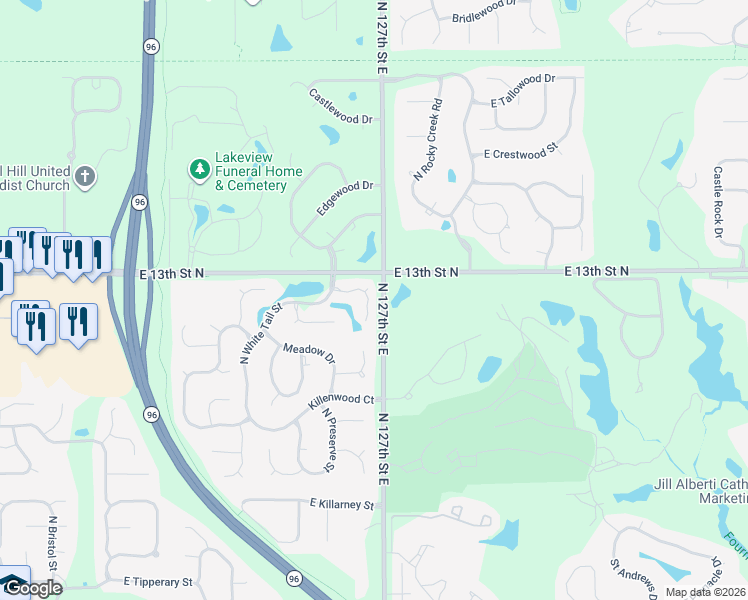 map of restaurants, bars, coffee shops, grocery stores, and more near 12760 Bradford Circle in Wichita