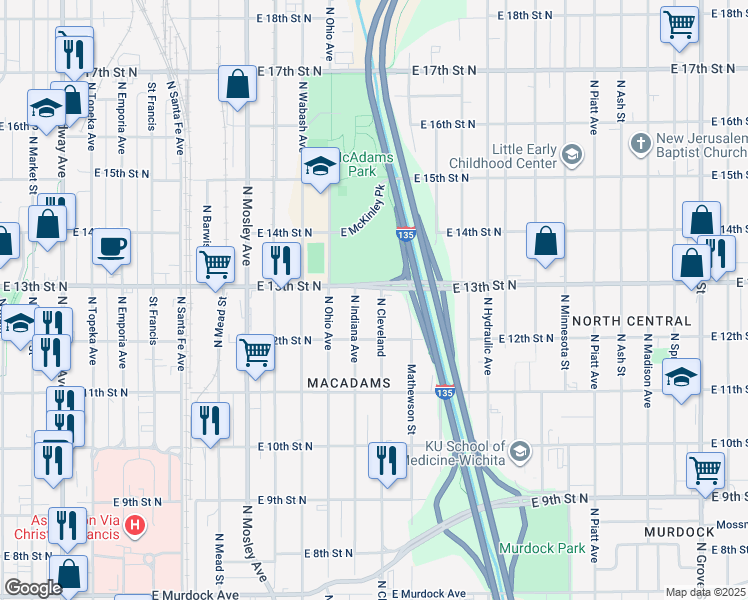 map of restaurants, bars, coffee shops, grocery stores, and more near 1326 North Cleveland in Wichita