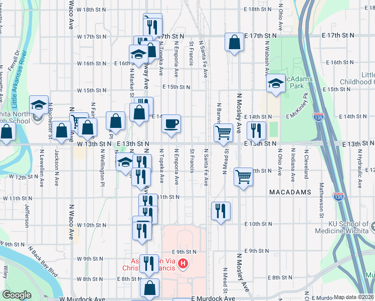 map of restaurants, bars, coffee shops, grocery stores, and more near 1327 Saint Francis in Wichita