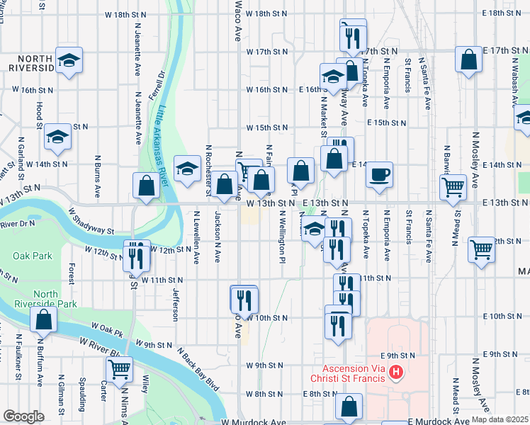 map of restaurants, bars, coffee shops, grocery stores, and more near 1315 North Fairview Avenue in Wichita