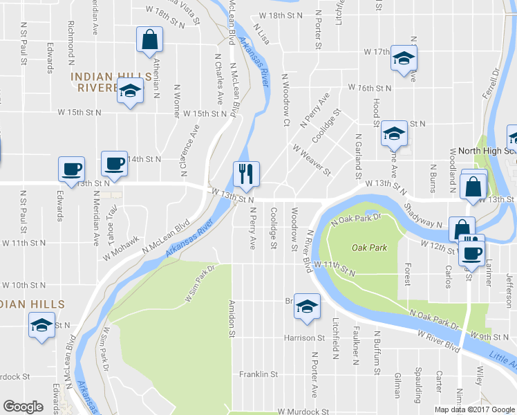 map of restaurants, bars, coffee shops, grocery stores, and more near 1305 Perry Street in Wichita