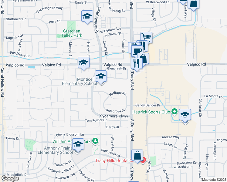 map of restaurants, bars, coffee shops, grocery stores, and more near 775 Cambridge Court in Tracy