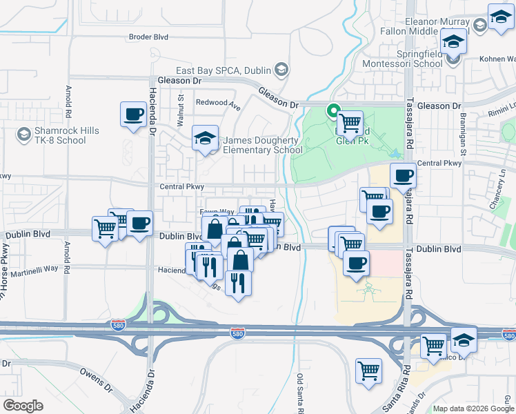 map of restaurants, bars, coffee shops, grocery stores, and more near 4651 Pheasant Court in Dublin