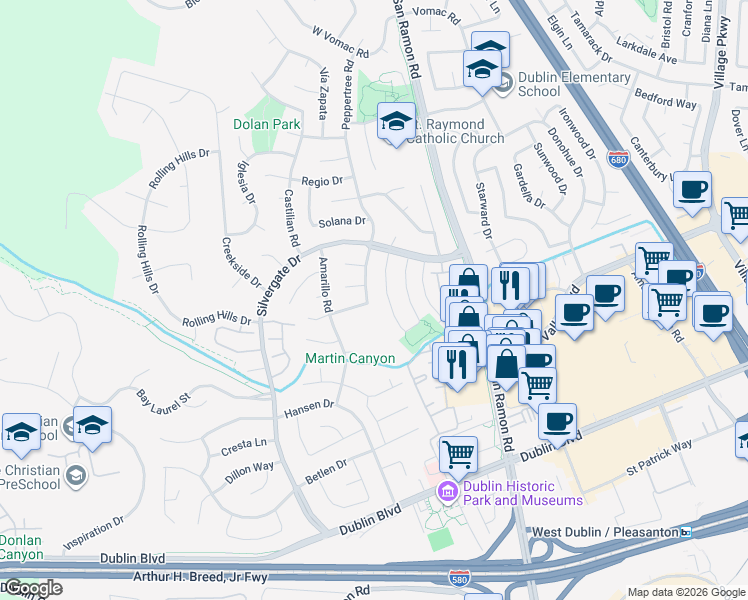 map of restaurants, bars, coffee shops, grocery stores, and more near 7524 San Sabana Road in Dublin