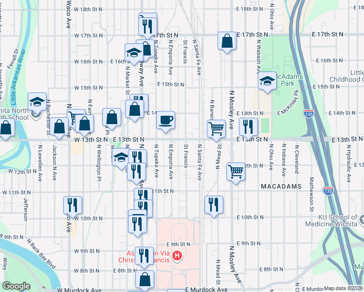 map of restaurants, bars, coffee shops, grocery stores, and more near 1327 Saint Francis in Wichita