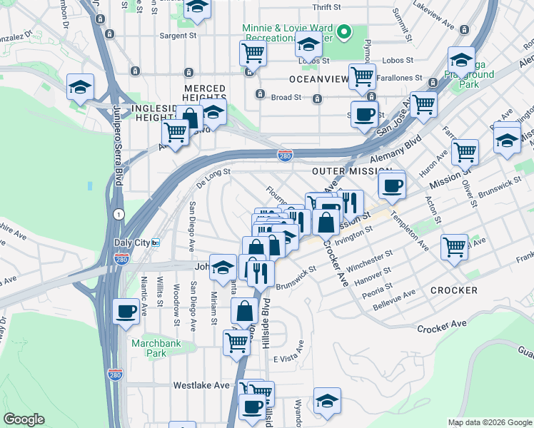 map of restaurants, bars, coffee shops, grocery stores, and more near 27 Shakespeare Street in Daly City