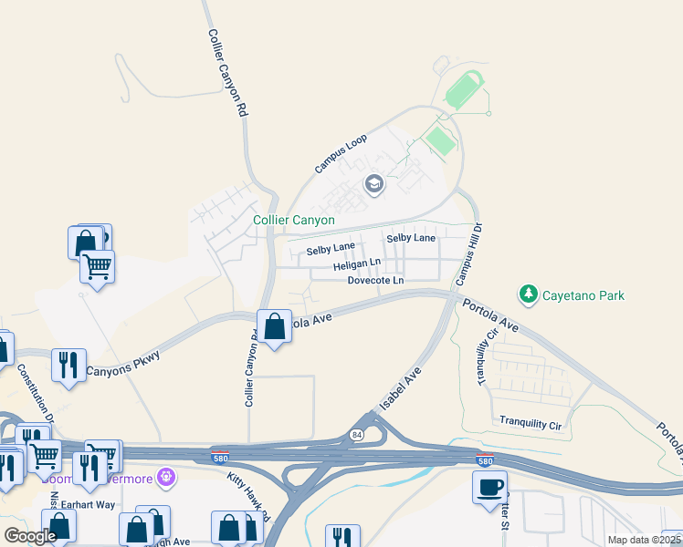 map of restaurants, bars, coffee shops, grocery stores, and more near 185 Heligan Lane in Livermore