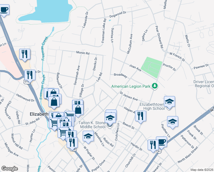 map of restaurants, bars, coffee shops, grocery stores, and more near 518 Balmoral Road in Elizabethtown
