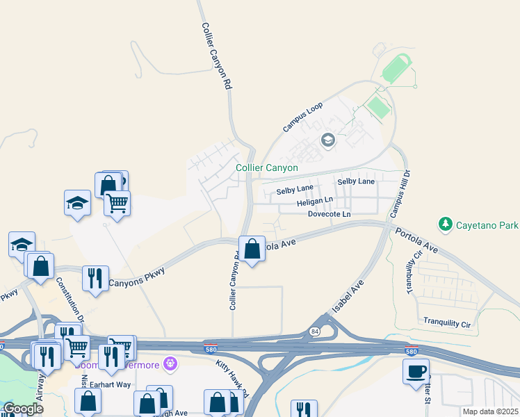 map of restaurants, bars, coffee shops, grocery stores, and more near 25 Heligan Lane in Livermore