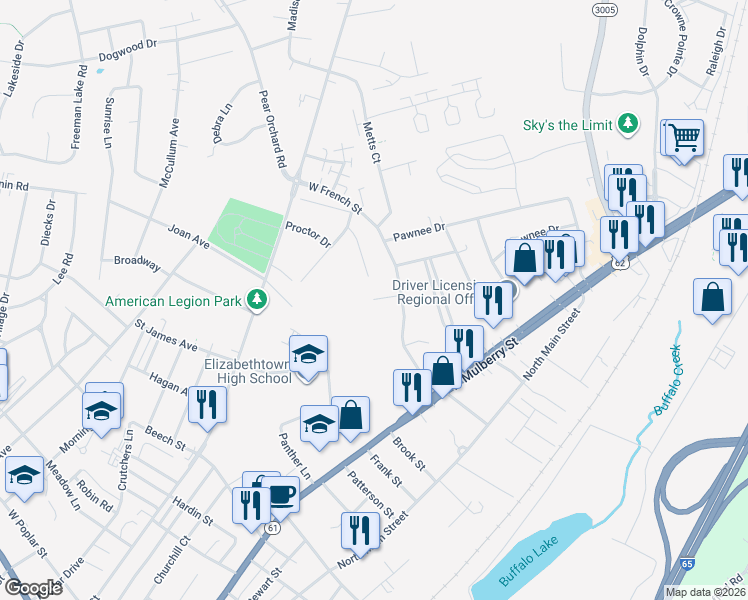 map of restaurants, bars, coffee shops, grocery stores, and more near 801 Mohave Court in Elizabethtown