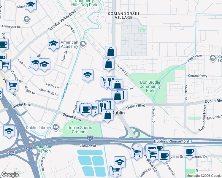 map of restaurants, bars, coffee shops, grocery stores, and more near 6058 Dougherty Road in Dublin