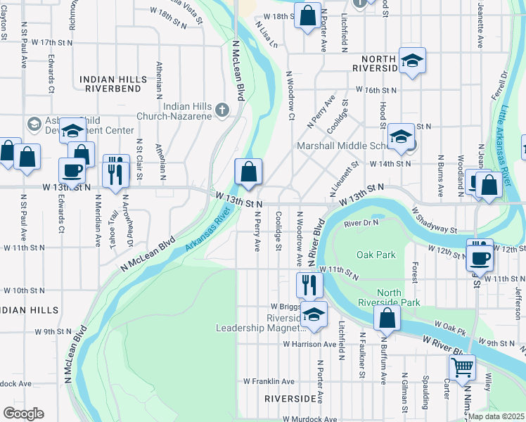 map of restaurants, bars, coffee shops, grocery stores, and more near 1330 North Perry Avenue in Wichita