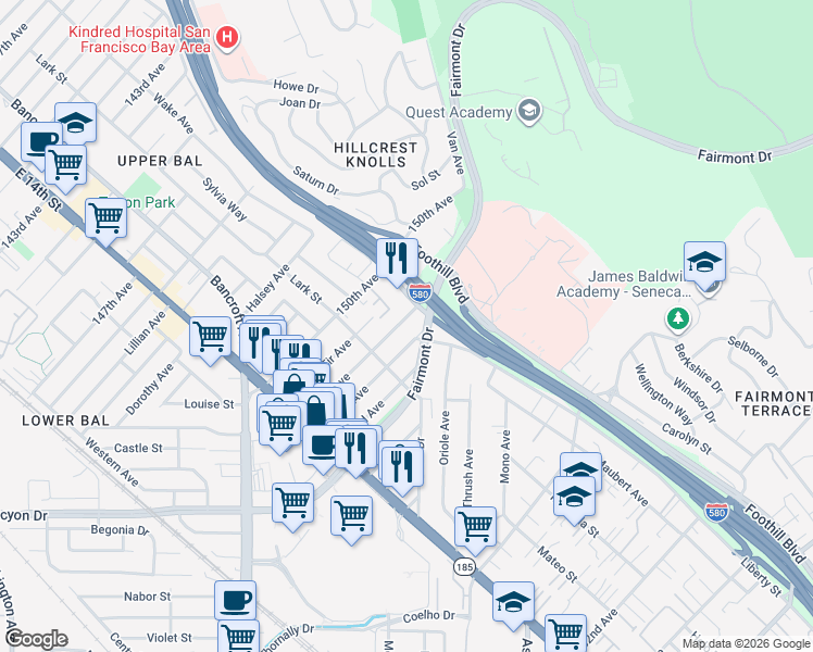 map of restaurants, bars, coffee shops, grocery stores, and more near 1698 151st Avenue in San Leandro