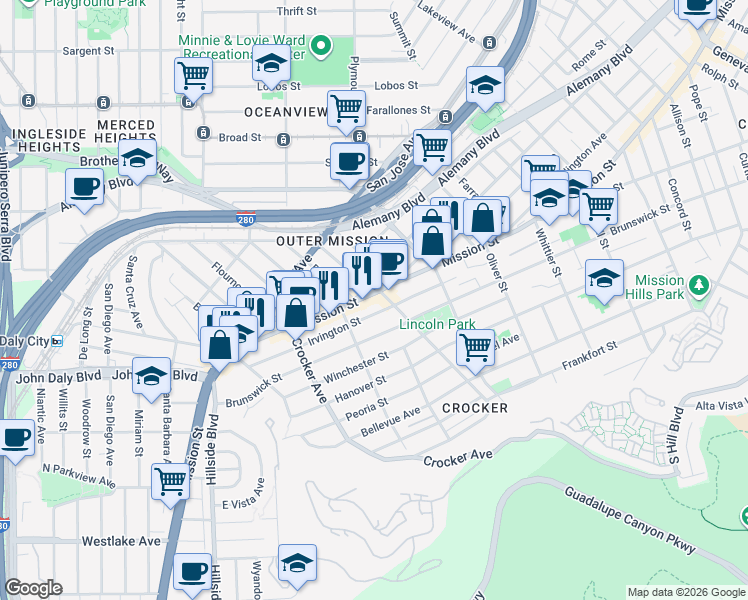 map of restaurants, bars, coffee shops, grocery stores, and more near 263 Irvington Street in Daly City