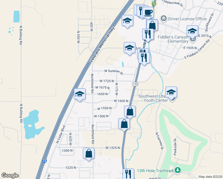 map of restaurants, bars, coffee shops, grocery stores, and more near 241 Bramblewood Drive in Cedar City