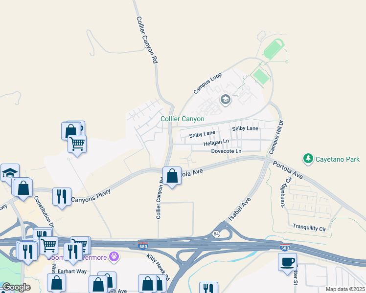 map of restaurants, bars, coffee shops, grocery stores, and more near 25 Heligan Lane in Livermore