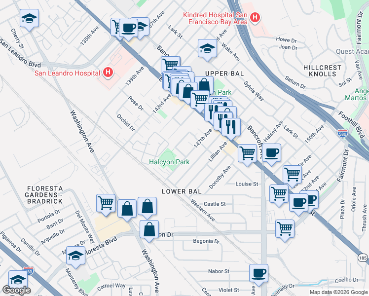 map of restaurants, bars, coffee shops, grocery stores, and more near 1245 147th Avenue in San Leandro