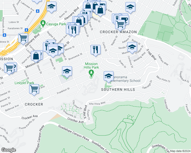 map of restaurants, bars, coffee shops, grocery stores, and more near 1000 San Antonio Circle in Daly City