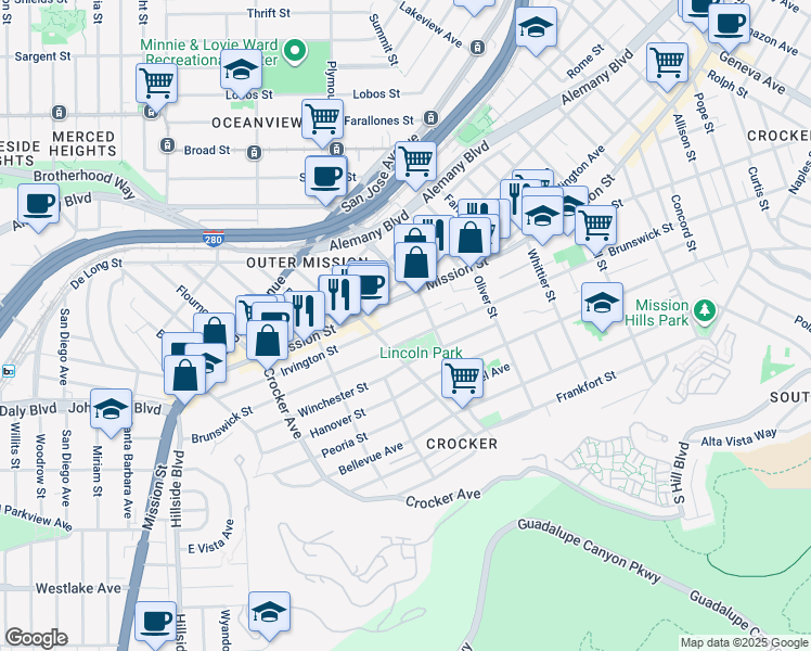 map of restaurants, bars, coffee shops, grocery stores, and more near 901 Brunswick Street in Daly City