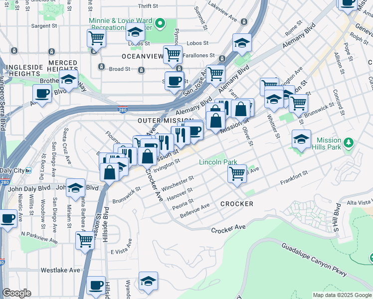 map of restaurants, bars, coffee shops, grocery stores, and more near 263 Irvington Street in Daly City