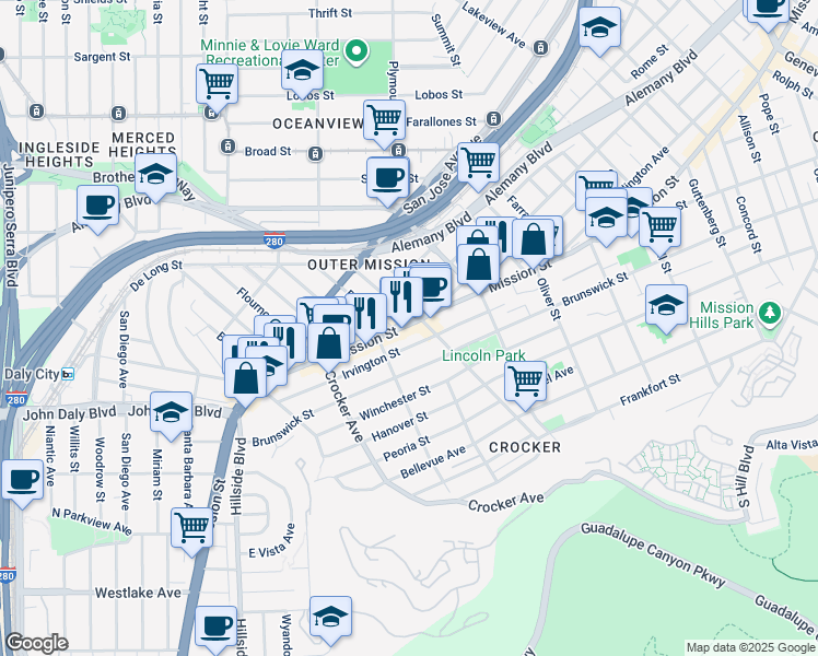 map of restaurants, bars, coffee shops, grocery stores, and more near 263 Irvington Street in Daly City