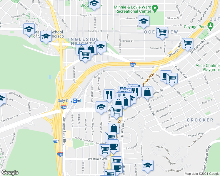 map of restaurants, bars, coffee shops, grocery stores, and more near 175 Santa Barbara Avenue in Daly City