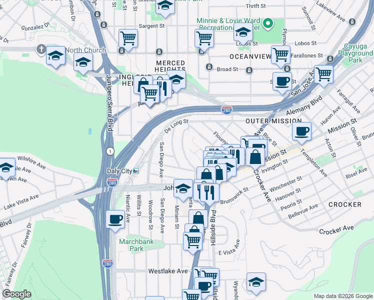map of restaurants, bars, coffee shops, grocery stores, and more near 175 Santa Barbara Avenue in Daly City