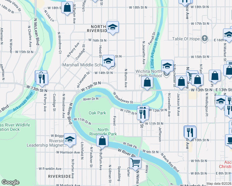 map of restaurants, bars, coffee shops, grocery stores, and more near 1011 Shadyway North in Wichita