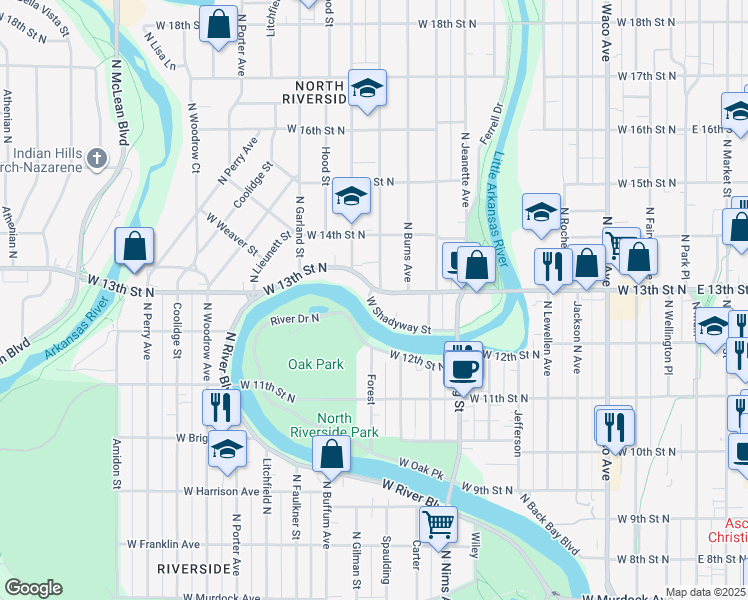 map of restaurants, bars, coffee shops, grocery stores, and more near 1011 Shadyway North in Wichita