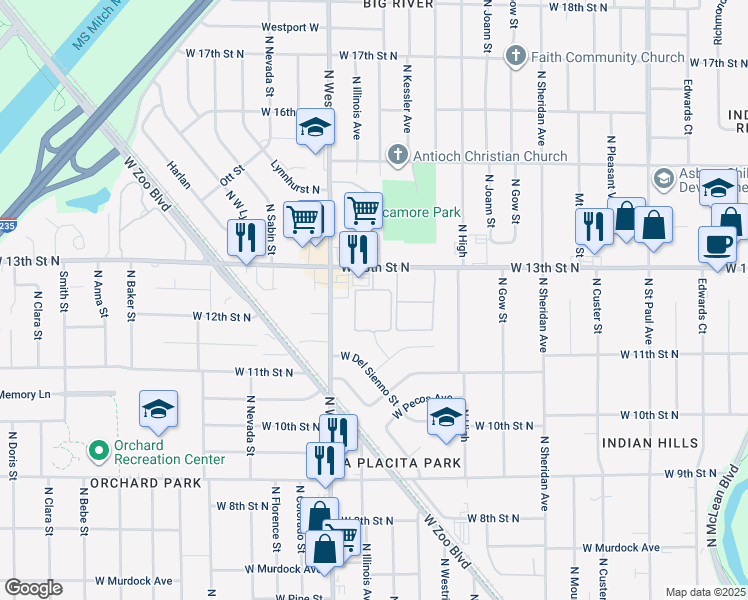 map of restaurants, bars, coffee shops, grocery stores, and more near 3801 West 13th Street North in Wichita