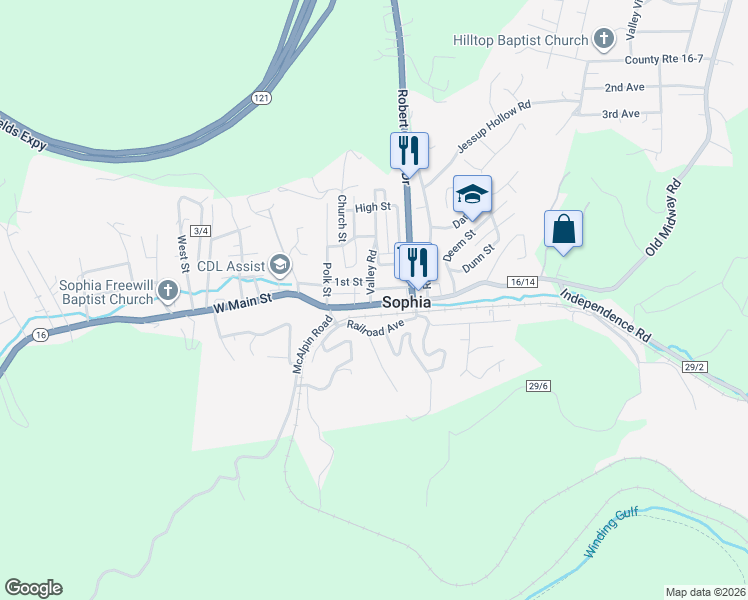 map of restaurants, bars, coffee shops, grocery stores, and more near 210 Railroad Avenue in Sophia