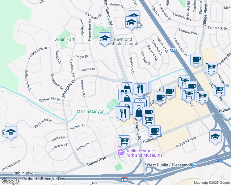map of restaurants, bars, coffee shops, grocery stores, and more near 7501 Calle Verde Road in Dublin