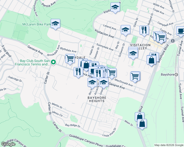 map of restaurants, bars, coffee shops, grocery stores, and more near 2665 Geneva Avenue in Daly City
