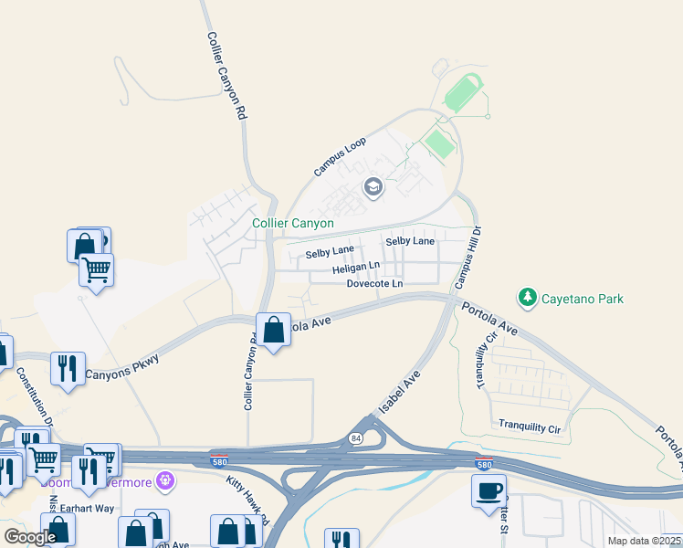 map of restaurants, bars, coffee shops, grocery stores, and more near 185 Heligan Lane in Livermore