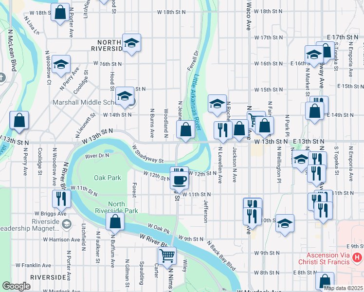 map of restaurants, bars, coffee shops, grocery stores, and more near 739 West 13th Street North in Wichita