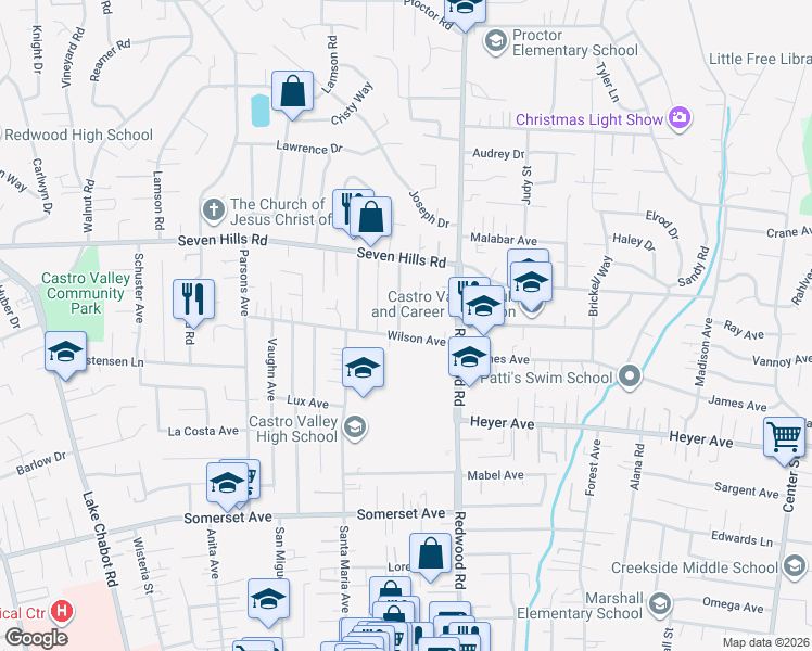 map of restaurants, bars, coffee shops, grocery stores, and more near 4131 Wilson Avenue in Castro Valley