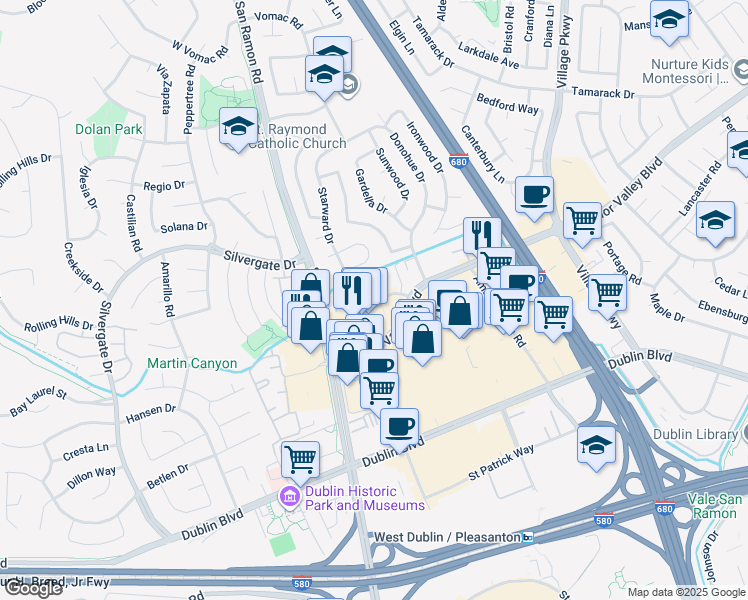map of restaurants, bars, coffee shops, grocery stores, and more near 7343 Starward Drive in Dublin