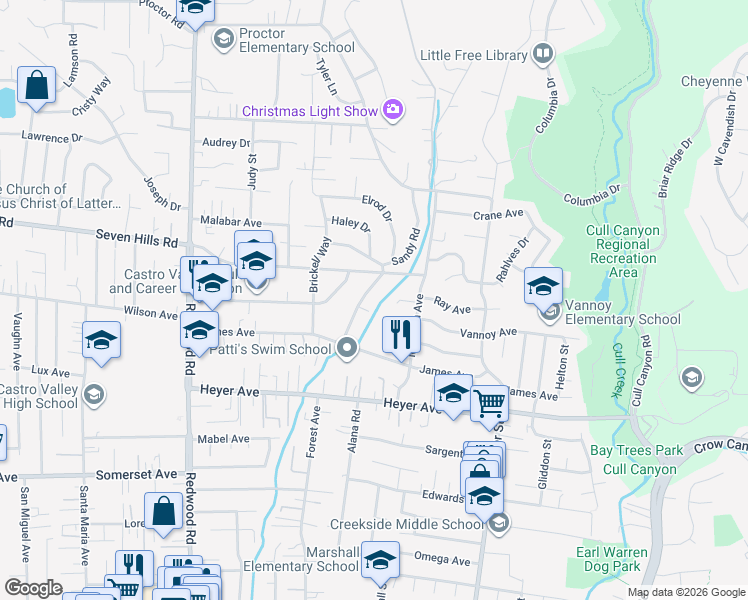 map of restaurants, bars, coffee shops, grocery stores, and more near 18806 Sandy Road in Castro Valley