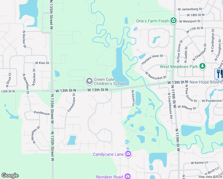 map of restaurants, bars, coffee shops, grocery stores, and more near 12819-12905 West 13th Street North in Wichita