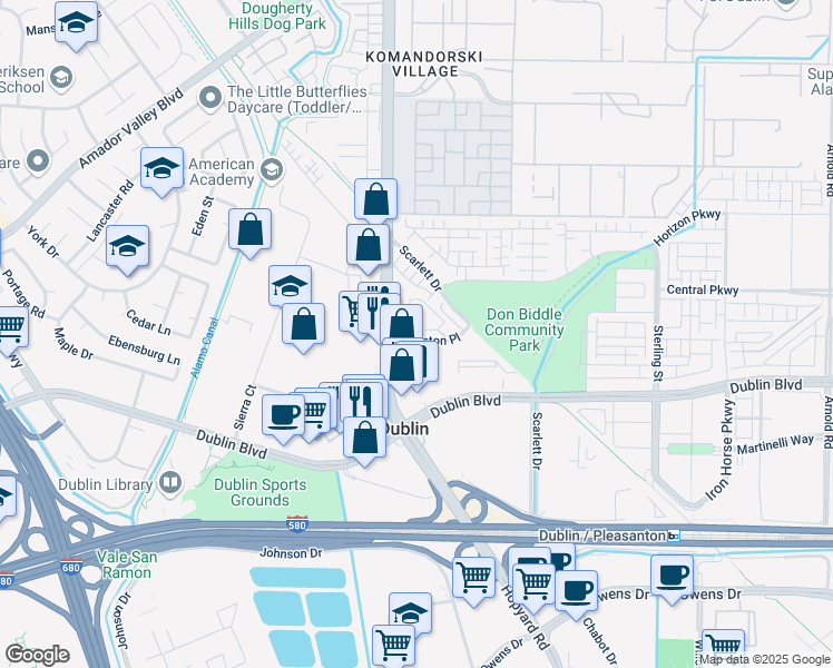 map of restaurants, bars, coffee shops, grocery stores, and more near 6253 Dougherty Road in Dublin