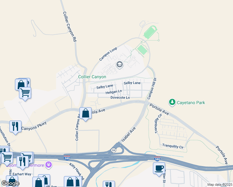 map of restaurants, bars, coffee shops, grocery stores, and more near 2872 Hoya Common in Livermore