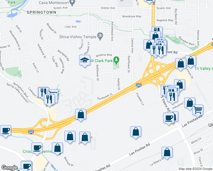 map of restaurants, bars, coffee shops, grocery stores, and more near 5365 Windflower Drive in Livermore