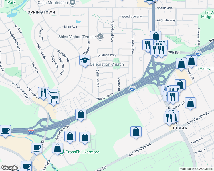 map of restaurants, bars, coffee shops, grocery stores, and more near 5365 Windflower Drive in Livermore