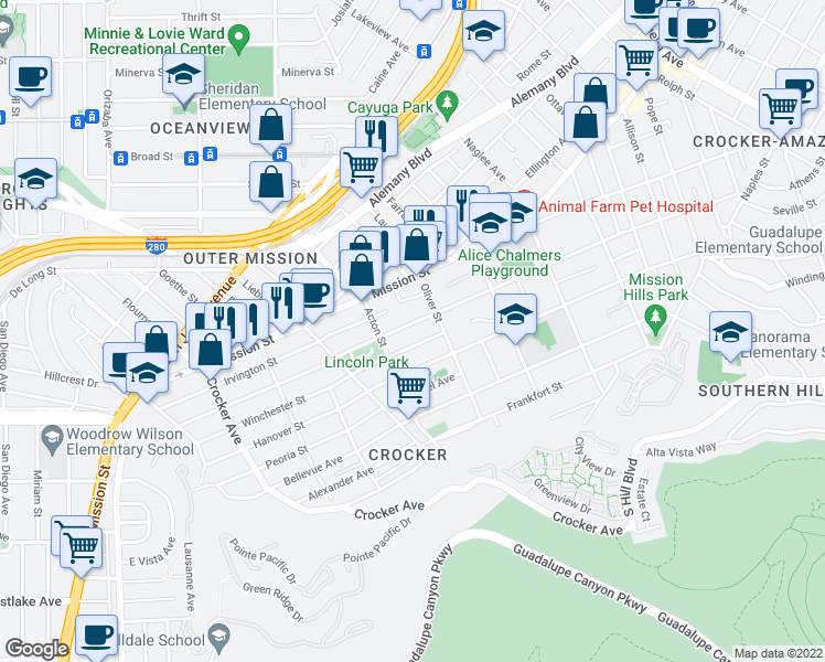 map of restaurants, bars, coffee shops, grocery stores, and more near 850A-A Brunswick Street in San Francisco
