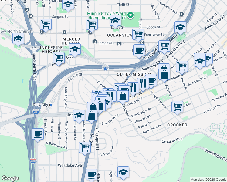 map of restaurants, bars, coffee shops, grocery stores, and more near 3268 San Jose Avenue in Daly City