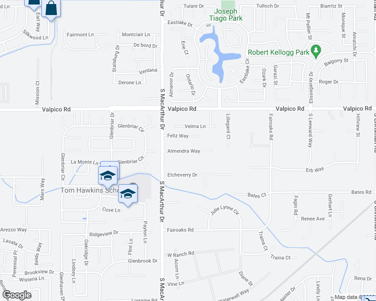 map of restaurants, bars, coffee shops, grocery stores, and more near 8795 Almendra Way in Tracy