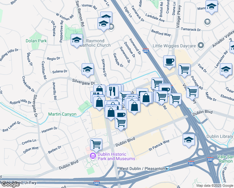 map of restaurants, bars, coffee shops, grocery stores, and more near 7455 Starward Drive in Dublin