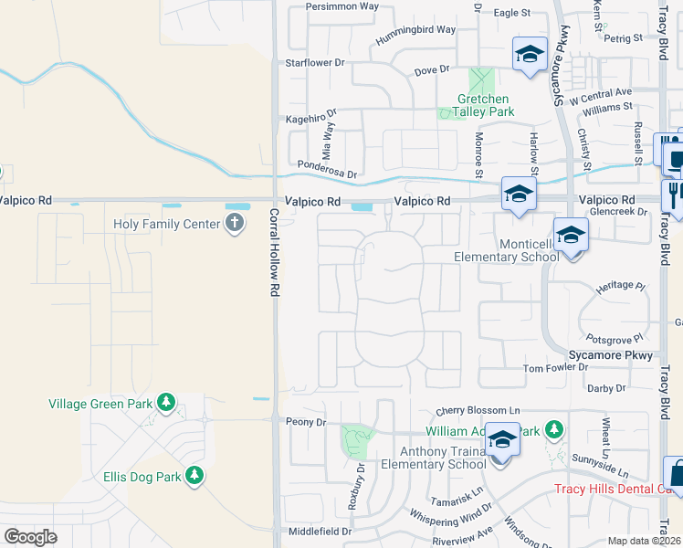 map of restaurants, bars, coffee shops, grocery stores, and more near 3172 Boca Way in Tracy