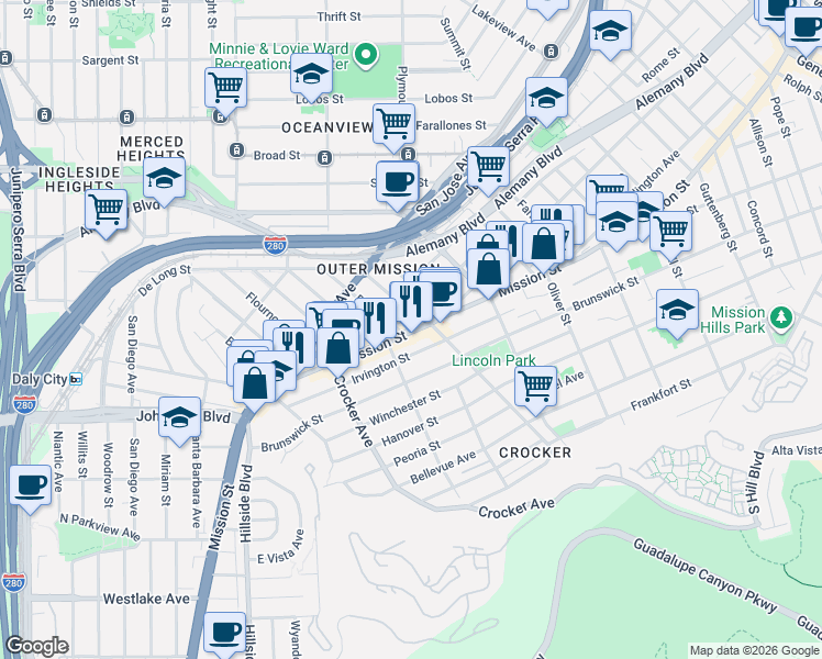 map of restaurants, bars, coffee shops, grocery stores, and more near 6014 Mission Street in Daly City